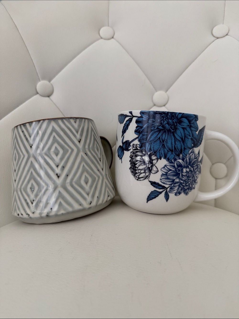 Blue Harbor  White Blue Peony and Sage Rhombus Coffe Cup Set of Two